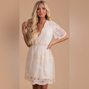Haute Monde Ivory Beige Cream Lace Mini Dress White